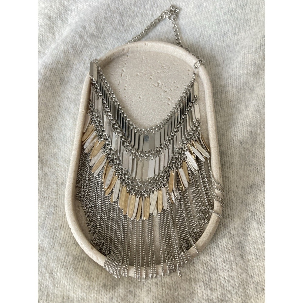 Mixed Metal Bib Necklace Silver & Gold Tones Fringe Dangle Statement Party‎